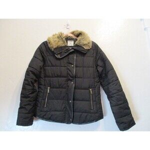 Old Navy Womens Sz S Faux Fur Collar Quilted Puffer Jacket Black Winter Coat